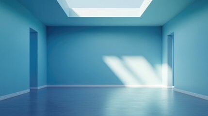 Empty room featuring blue walls and gentle skylight illumination showcasing a minimalist interior design with ample copy space 3D rendered illustration