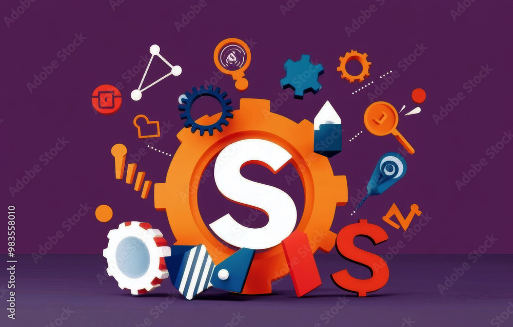 Poster a colorful image of gears and a letter s. the image is meant to convey the idea of a complex system 