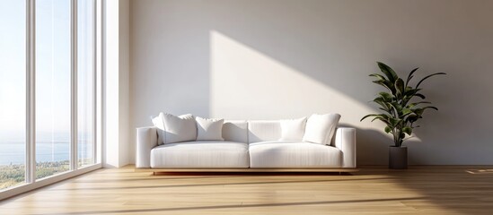 Minimalist living room design featuring a sofa on a wooden floor wall decor and a bright landscape visible through a window Scandinavian inspired interior 3D visualization