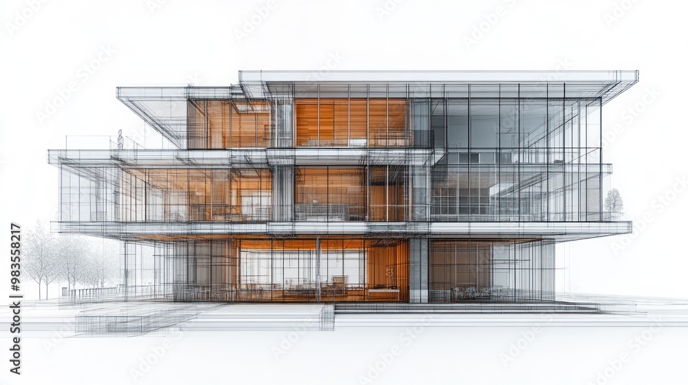 Poster modern architectural design with transparent and open spaces.