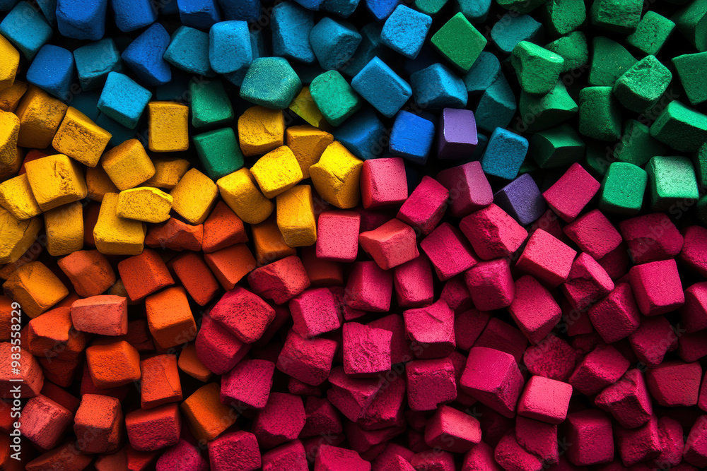 Poster a colorful pile of blocks with a rainbow pattern. the blocks are of different colors and sizes, crea