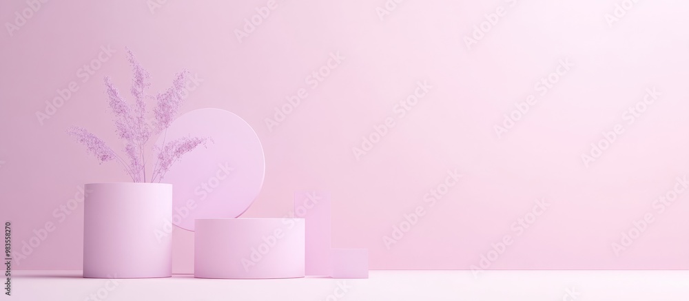 Poster light pastel lavender pink backdrop featuring a minimalistic 3d render of podium stands and geometri