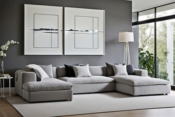 modern living room with sofa, Frame over simple white-toned furniture in front of the white wall, mock-up frame