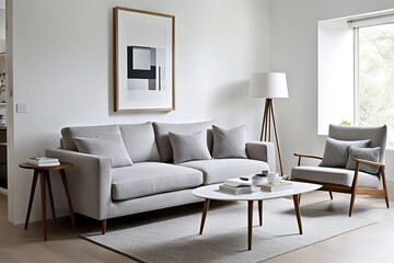 modern living room with sofa, Frame over simple white-toned furniture in front of the white wall, mock-up frame