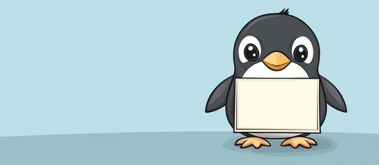 Obraz premium Hatched penguin with a blank sign Cartoon depiction of a bird character