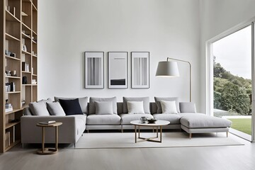 modern living room with sofa, Frame over simple white-toned furniture in front of the white wall, mock-up frame