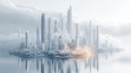 Futuristic cityscape shrouded in mist and reflected in water.