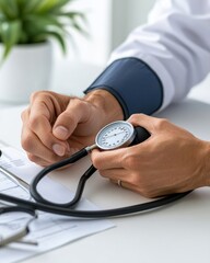 Medical Professional at Work, Hands Holding Stethoscope, Calm Focus