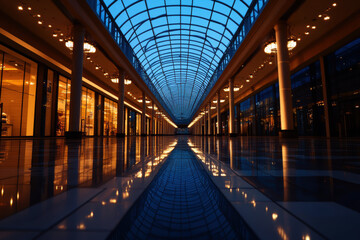 A long, empty hallway with a blue ceiling and many lights. The lights are on, creating a bright and inviting atmosphere. The hallway is mostly empty, with only a few people visible in the distance