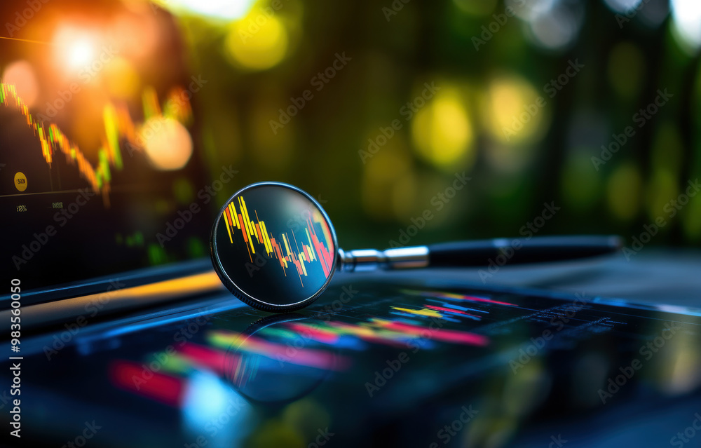 Poster a magnifying glass is on top of a laptop displaying a graph. the graph is a stock market chart and t