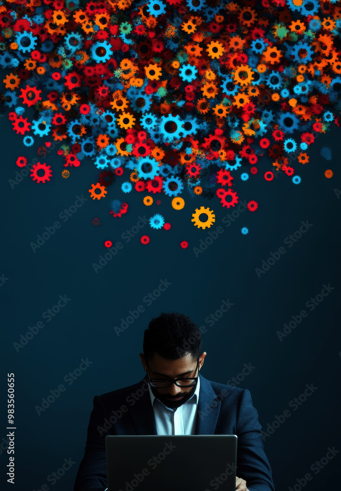 Poster a man is sitting at a desk with a laptop in front of him. the image is a colorful abstract of gears 