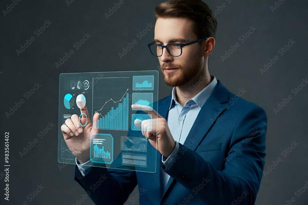 Poster a man in a suit interacts with a virtual screen displaying graphs and charts.