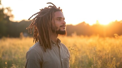 A man with beautiful dreadlocks standing in a field at sunrise, the warm light highlighting his hair.