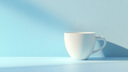 Fototapeta premium Modern minimalist coffee cup with sharp edges, zoomed-in on a light blue background