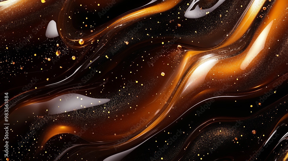 Poster fluid golden-brown liquid with shimmering particles flowing gracefully against a dark backdrop, crea