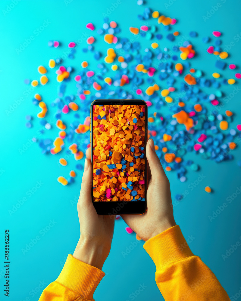 Aufkleber a person is holding a cell phone and taking a picture of a colorful pile of small objects. concept o