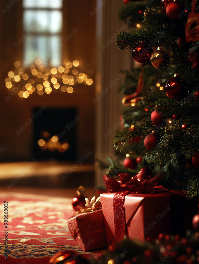 Poster a red christmas tree with a red box and red ornaments. the tree is in front of a fireplace