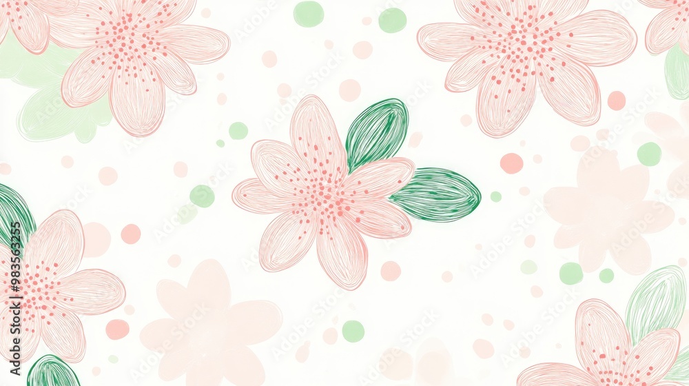 Poster light pink and green vector doodle pattern featuring flowers with a gradient on a white background a