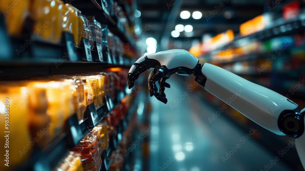 Poster a robot arm is reaching for a jar of pickles on a shelf. the scene is set in a grocery store, with a