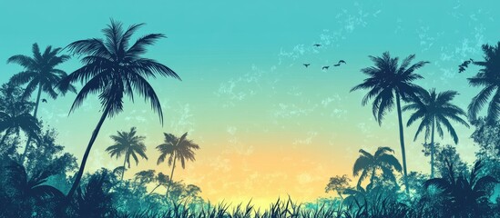 Fototapeta premium Tropical scene featuring palm trees silhouetted against a vivid blue sky highlighting summer vibes with a focus on coconut and other trees along the coast