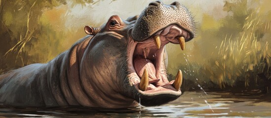 Close up of an adult hippo with its jaws wide open standing by the river and anticipating food in the water