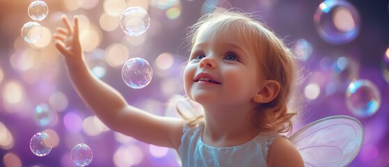 Baby girl in fairy wings reaching for floating bubbles, purple wall background