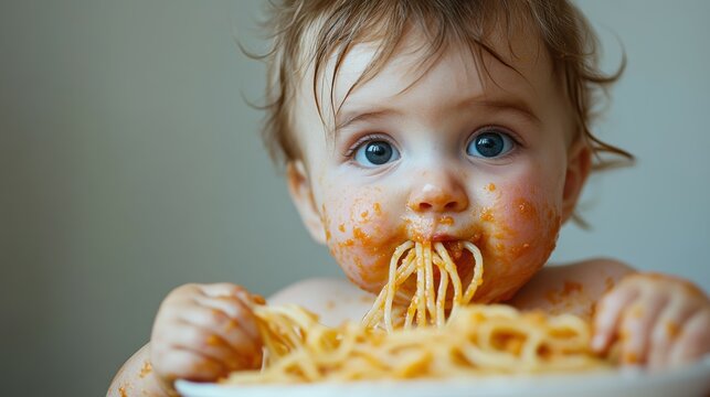 Messy baby boy covered in spaghetti sauce, eating with hands, white wall for contrast