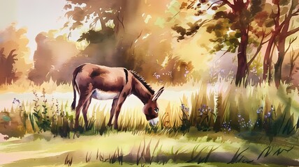 Watercolor Scene of a Donkey Grazing Peacefully in a Sunlit Farm Field with Tall Grass and Wildflowers
