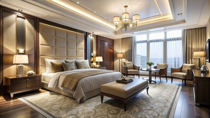 Fototapeta premium Luxurious hotel bedroom interior with elegant design and modern amenities