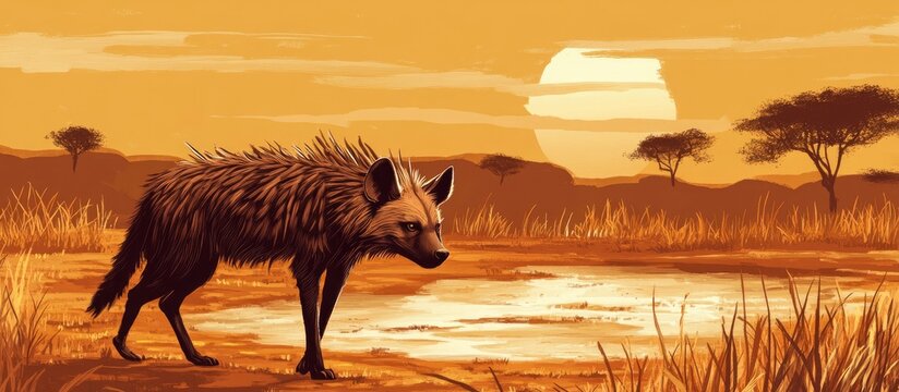 Brown hyena also known as strandwolf captured at ground level in the early morning walking near a waterhole This rare shy and nocturnal species is elusive in the wild