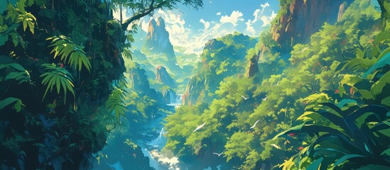 Fototapeta premium Vibrant painting of giant ferns amidst cliffs and valleys featuring lush vines and bushes ideal for backgrounds or wallpapers and suitable for web banner designs