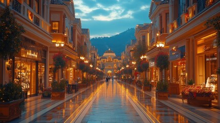 Fototapeta premium Wet Street Nightscape: Illuminated Building Under Snowy Mountains