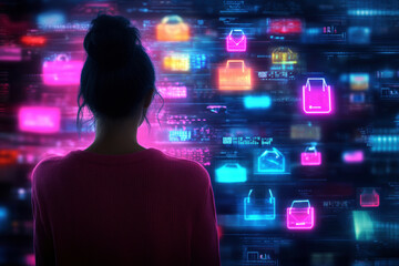 A woman is looking at a computer screen with many colorful icons. The icons are all related to different types of bags, such as handbags, backpacks, and suitcases