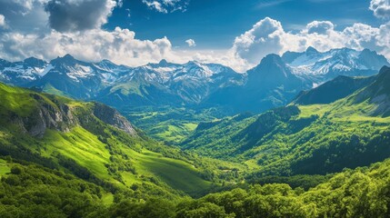 Naklejka premium A panoramic view of the French Pyrenees, with lush green valleys and snow-capped peaks.