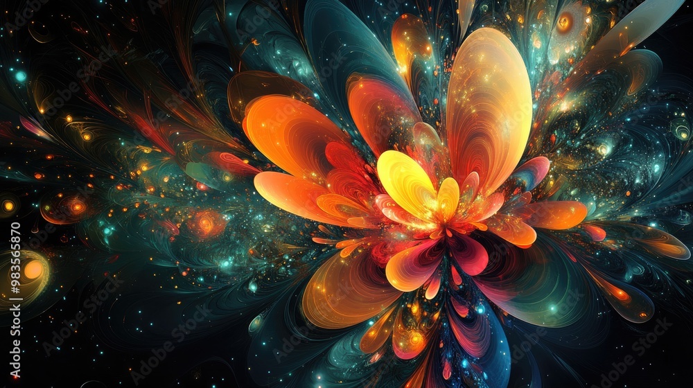 Poster abstract colorful fractal design bursting with imaginative elements on a dark backdrop