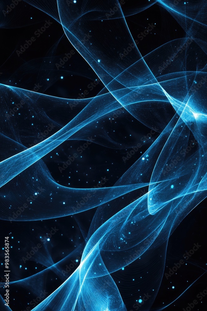 Poster abstract dynamic blue light lines forming wavy circular shapes on a black background representing th