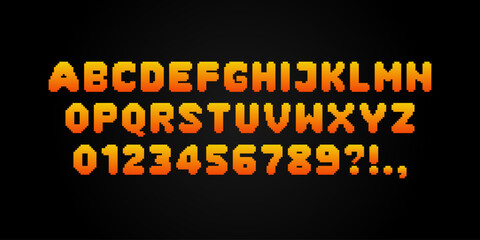 Pixel video game font. 8-bit symbols, letters and numbers. Oldschool retro nostalgic typeface.