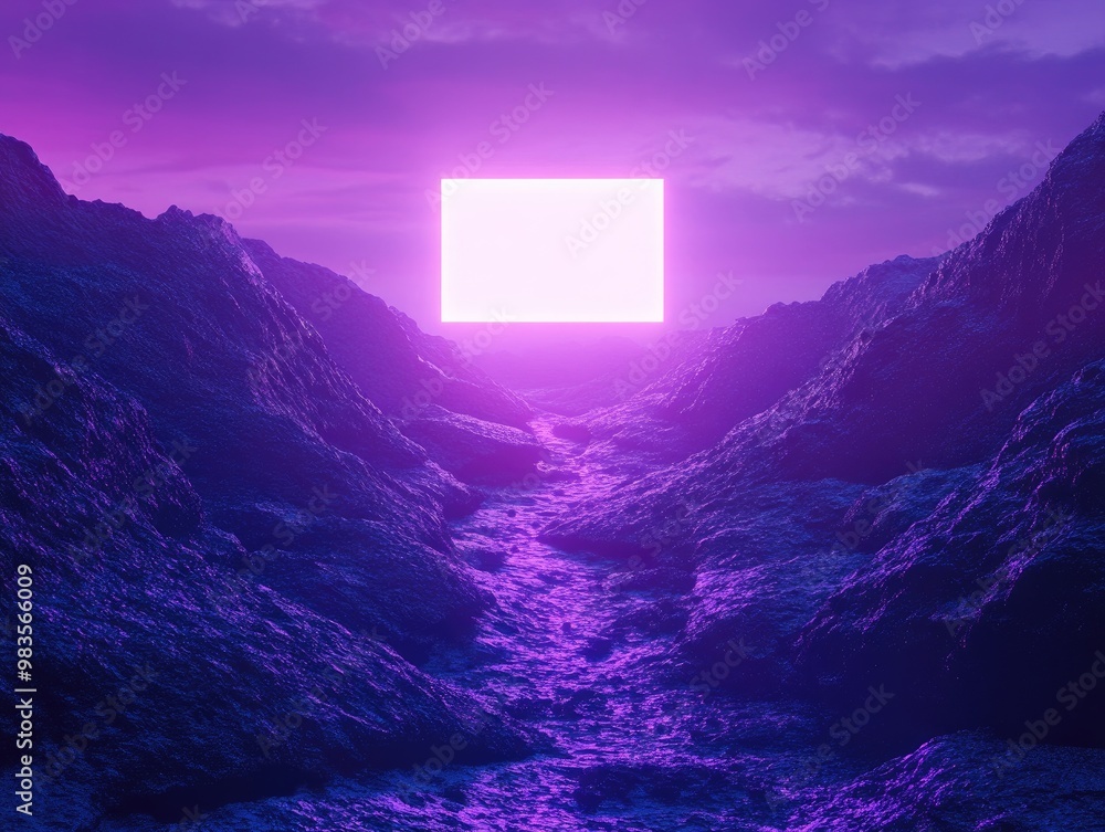 Poster abstract fantasy landscape featuring mountainous terrain and a glowing neon square at dusk 3d render