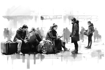 PNG Peoples waiting suitcase luggage sketch.