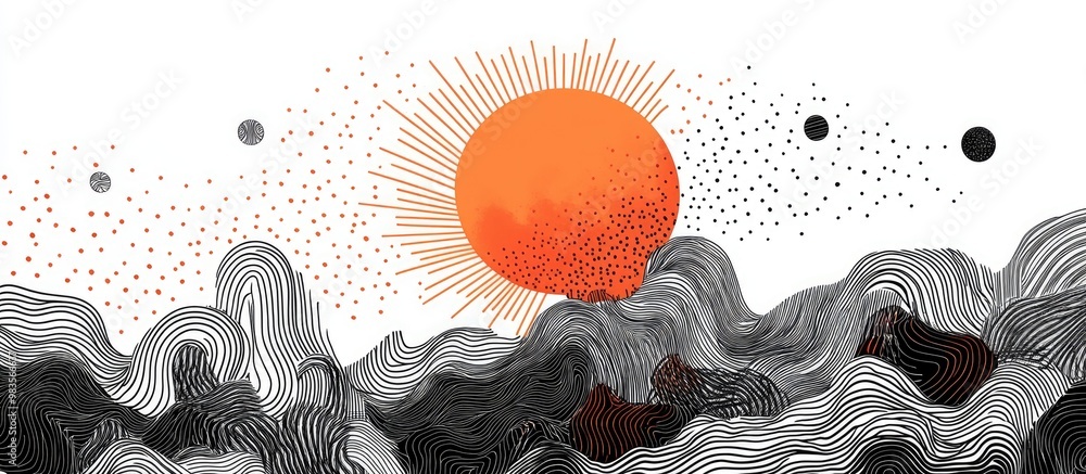 Poster abstract composition featuring a rising sun in a doodle style with geometric shapes surrealistic and