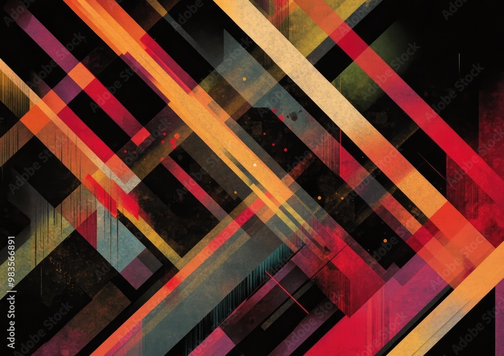 Poster geometric abstract design featuring lines on a dark backdrop presented in a 2d cartoon style