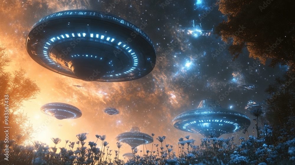 Poster futuristic science fiction scene featuring ufos and spaceships created through 3d rendering techniqu