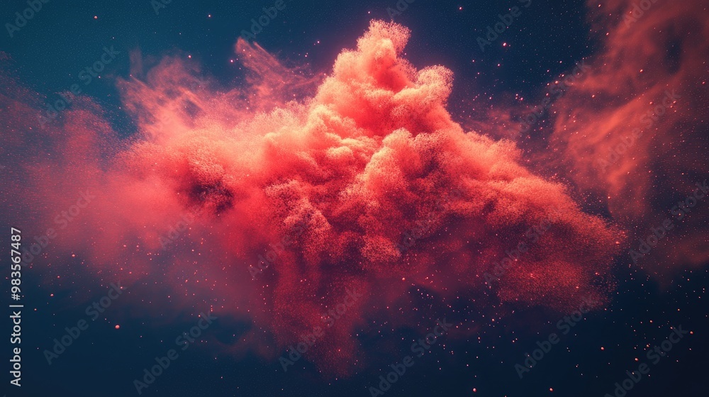 Poster red fractal cloud composed of dynamic particles