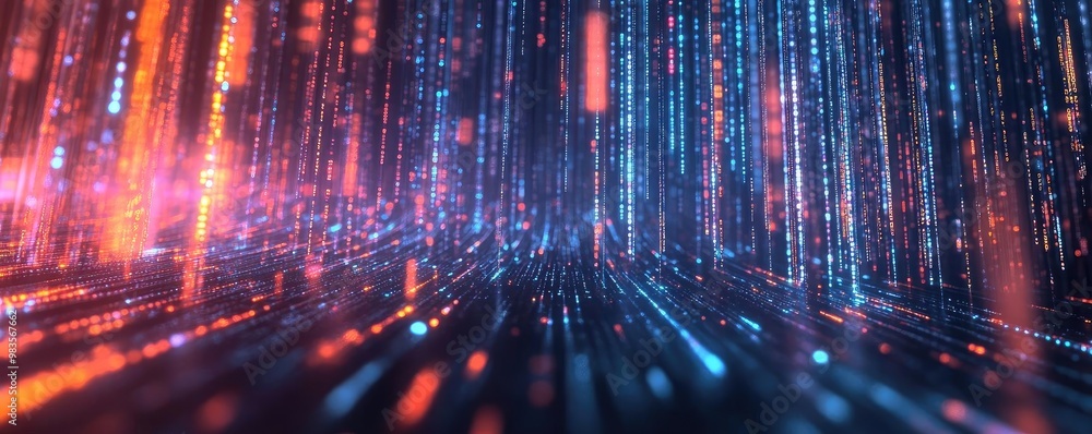 Poster dynamic digital background featuring vibrant data streams in blue and orange hues. perfect for techn