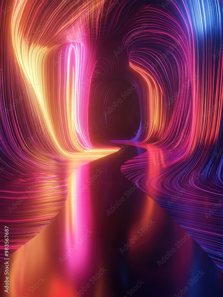 Poster fantasy 3d render featuring an abstract neon background with dynamic glowing lines in a dark space h