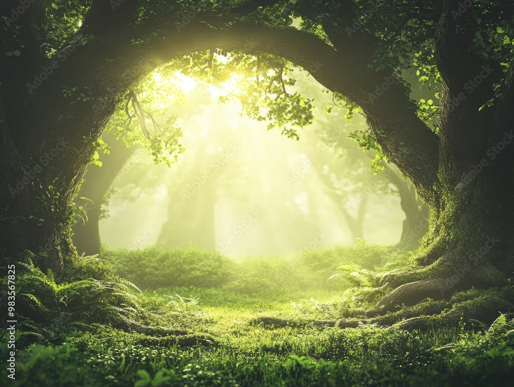 Poster enchanted forest scene with sunlight filtering through tree branches ethereal trees amid greenery sh