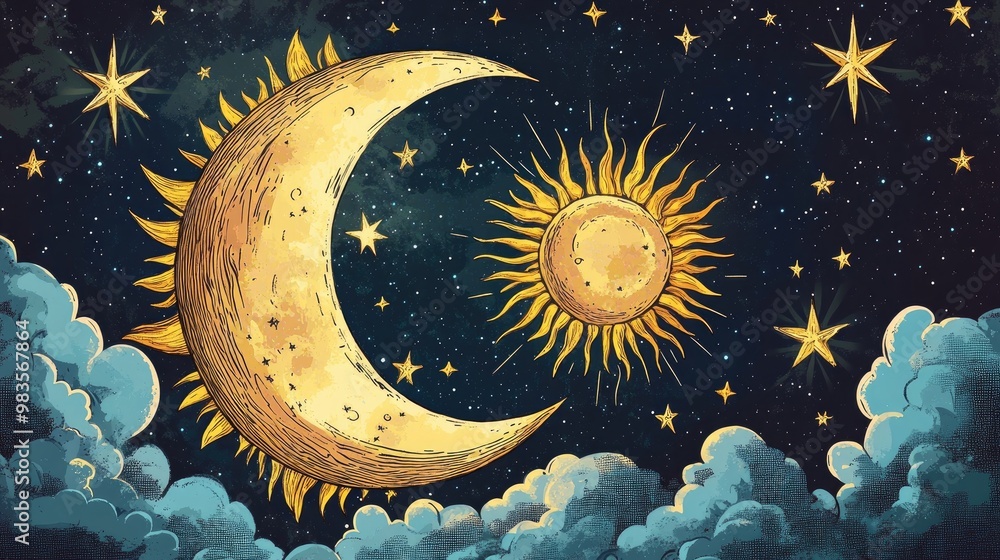 Poster mystical sun and moon in a retro 2d cartoon style featuring stars and clouds with a focus on themes 