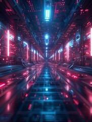A futuristic corridor with glowing lights and digital elements, creating a sci-fi atmosphere.