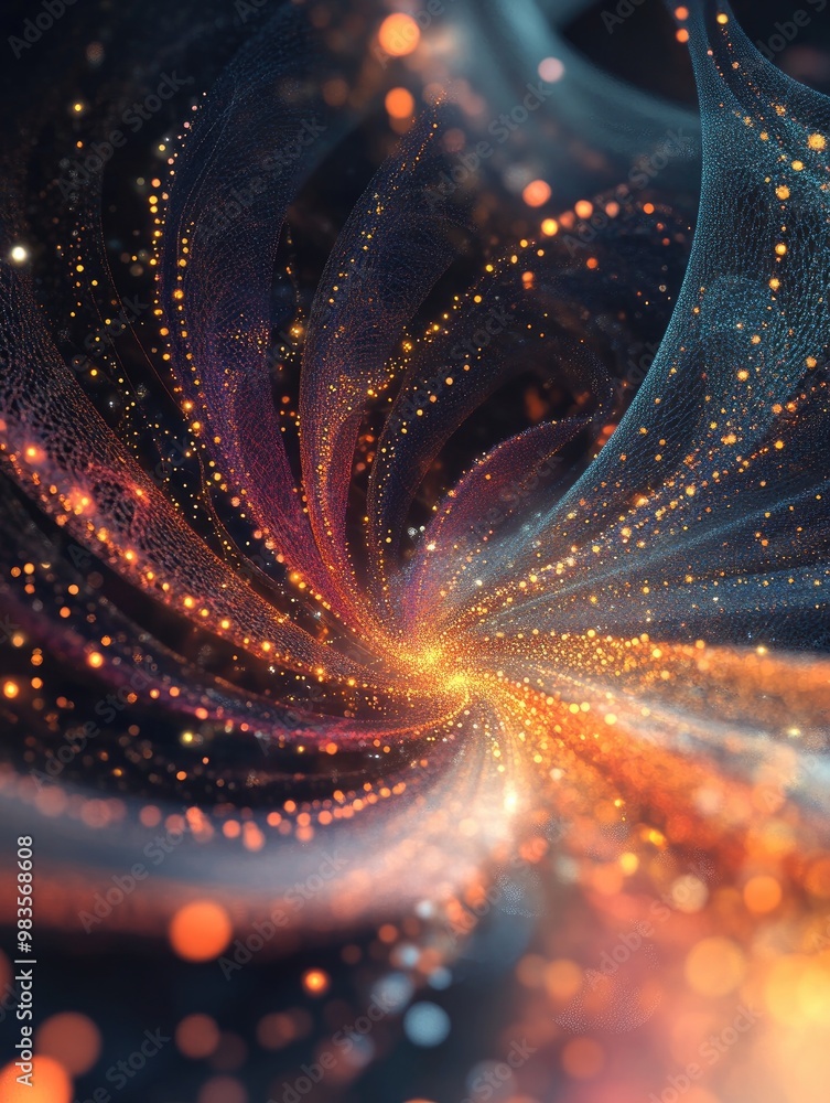 Poster abstract fractal forms represented as particles in a 3d illustration highlighting themes of nuclear 