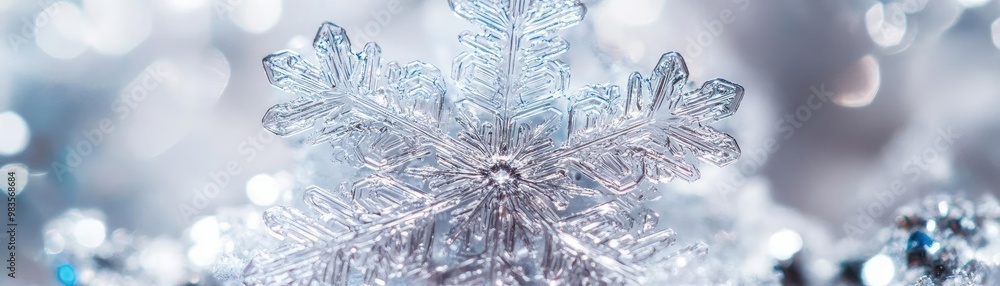 Poster a close-up view of a delicate snowflake sparkling amidst a winter backdrop, capturing the essence of